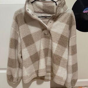 LOFT Women's Cozy Cream and Tan Plaid Sweater
